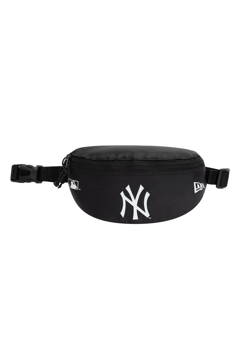 Black fanny pack made of nylon, featuring a smooth texture and a zippered top. Displays a white New York Yankees logo on the front.