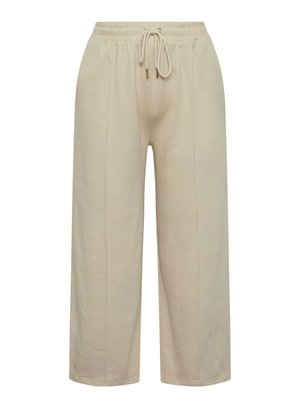 Beige leveled trousers with an elastic waistband, drawstring closure, and side seams; made from soft and lightweight fabric.