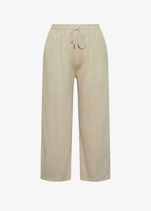 Pantaloni beige a gamba larga con vita elasticizzata, chiusura con cordoncino e cuciture laterali; realizzati in tessuto morbido e leggero.