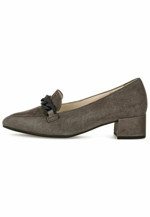 Décolleté in suede grigio con punta affilata, caratterizzato da un accento decorativo nero a treccia sul davanti e un tacco basso a blocco.