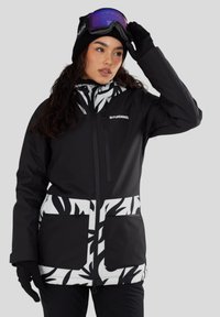 Zwarte winterjas met witte bladerenpatroon op de zakken en het kraag, rits aan de voorkant, verstelbare capuchon en gestructureerde stof.