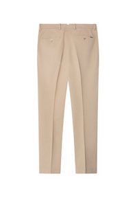 Pantaloni beige su misura con passanti per cintura, due tasche posteriori a filetto con bottone e vestibilità slim con gamba dritta, mostrati da dietro.