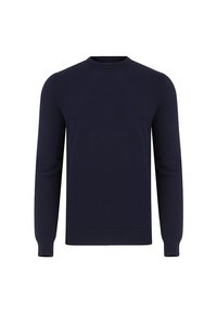 Granatowy, długorękawowy sweter wykonany z prążkowanego materiału, z okrągłym dekoltem. Dopasowane mankiety i dół swetra mają gładką strukturę dzianiny.