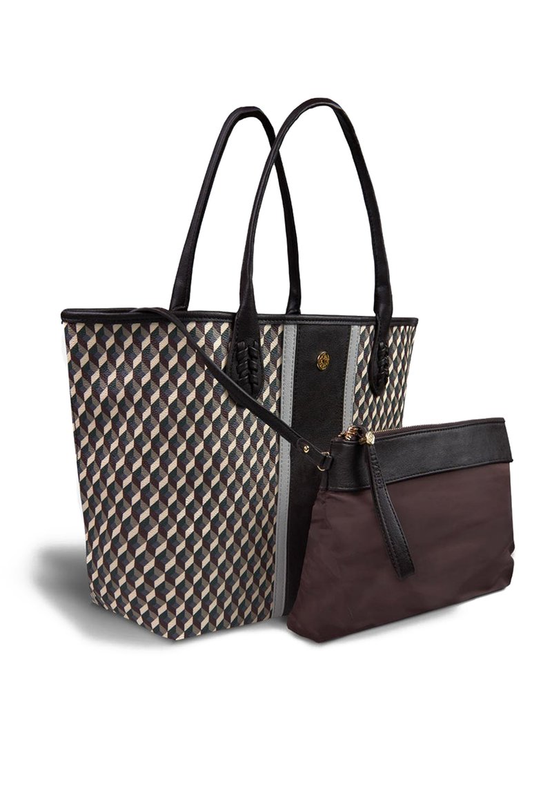 Sac fourre-tout avec des poignées en cuir noir et un tissu à motifs géométriques en gris, beige et bleu marine, accompagné d'une petite pochette zippée marron.