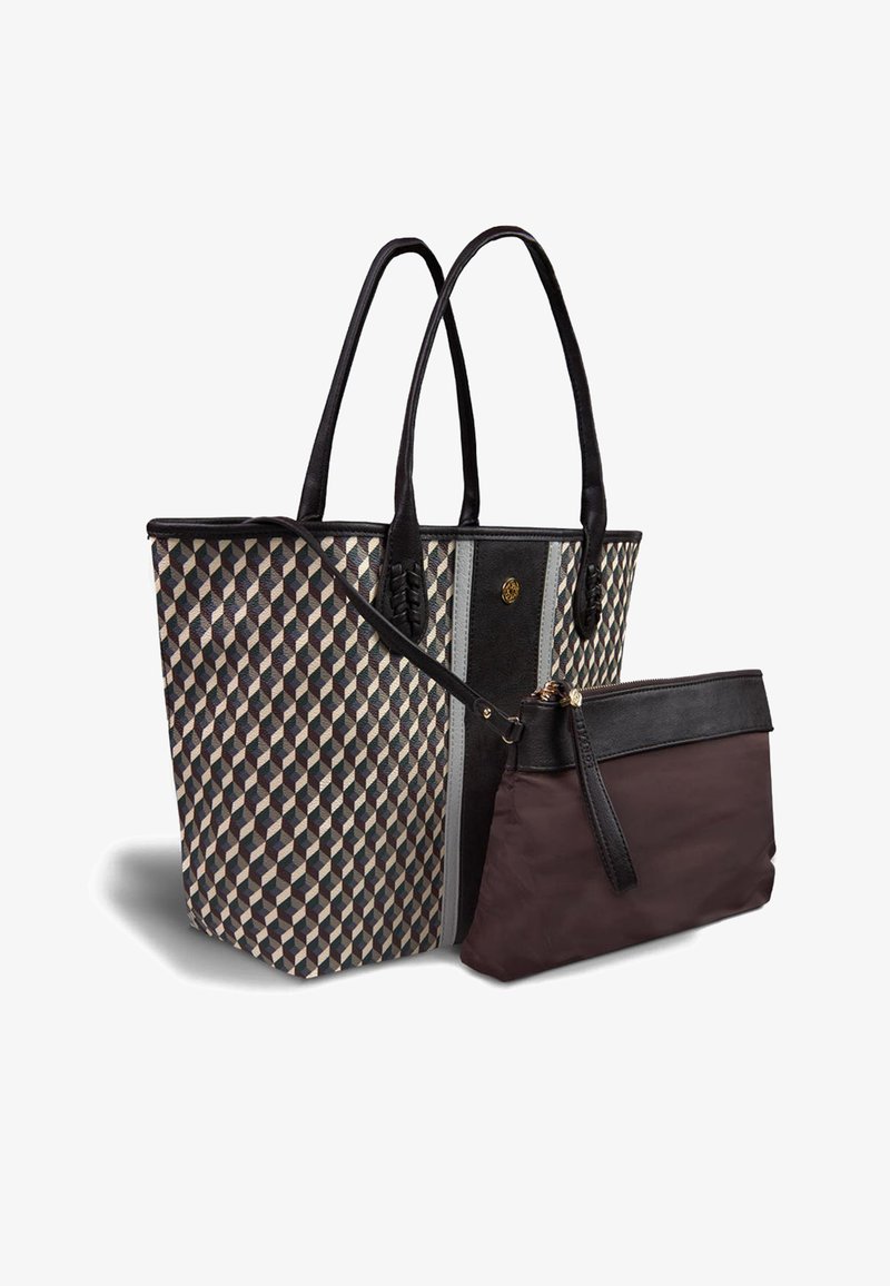 Sac fourre-tout avec des poignées en cuir noir et un tissu à motifs géométriques en gris, beige et bleu marine, accompagné d'une petite pochette zippée marron.