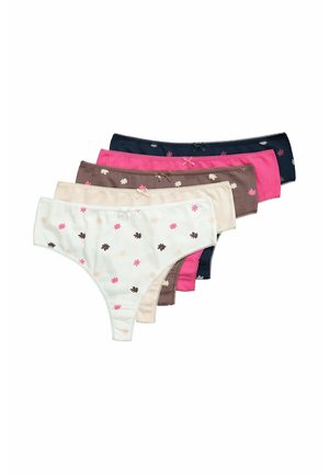 Verschillende katoenen damesstringtangas in zes kleuren: wit met bloemenpatronen, roze, bruin, marineblauw en lichtbeige met strikaccenten en kantafwerking.