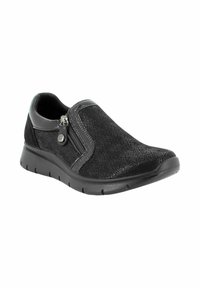 Scarpa nera slip-on con tomaia texture che presenta un motivo floreale in rilievo, cerniera laterale e suola in gomma per una buona aderenza.