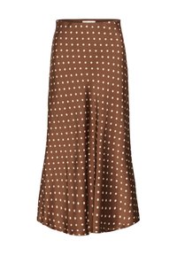 Brun midi-nederdel lavet af glat stof med et udvidet design, med hvide polkaprikker og en linning.