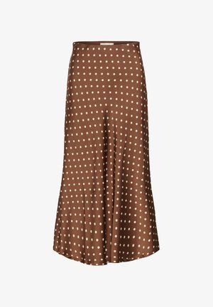 Rjava midi krilo iz gladkega blaga s širšim krojem, okrašeno z belimi pikami in pasom.