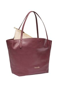 Borsa tote in pelle color marrone scuro con due manici lunghi, caratterizzata da una finitura testurizzata e una piccola pochette interna beige con zip. Dettagli logo dorati.