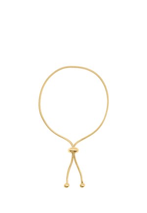 Verstellbare Halskette in Goldtone mit einer verschiebbaren Perle und zwei abgerundeten Enden vor weißem Hintergrund.