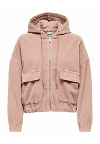 Ljusrosa manchesterjacka med huva, framdragkedja och två bröstfickor. Har en rynkad midja och ribbade ärmmuddar.