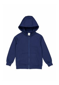 Felpa con zip di colore blu navy, dotata di un ampio cappuccio, tasche a marsupio e polsini a coste. Realizzata in un tessuto morbido ed elasticizzato per il massimo comfort.