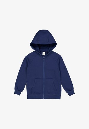 Felpa con zip di colore blu navy, dotata di un ampio cappuccio, tasche a marsupio e polsini a coste. Realizzata in un tessuto morbido ed elasticizzato per il massimo comfort.
