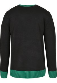 Pull noir en tricot avec col, poignets et ourlet côtelés verts, vu de dos.