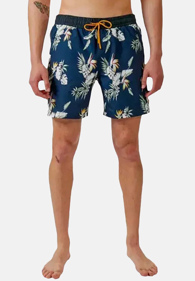 Shorts de bain marine avec un motif floral comprenant des feuilles tropicales et des oiseaux, taille élastique et cordon de serrage orange. Matériau léger.