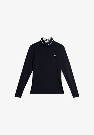 Langærmet sort polo-shirt med krave, der har en knaplukning, hvide accenter og et logo på brystet. Glat tekstur.