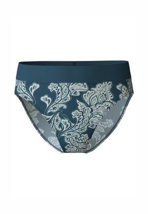 Hüfthalter für Damen mit einem türkisen Bund. Der Hauptteil weist ein florales Muster in Weiß und Hellgrün auf einem dunkel-türkisen Hintergrund auf.