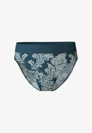 Hüfthalter für Damen mit einem türkisen Bund. Der Hauptteil weist ein florales Muster in Weiß und Hellgrün auf einem dunkel-türkisen Hintergrund auf.