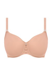 Rintaliivi, jossa on beige pehmustus, sileä kangas, pitsinen keskiosuus ja koristeellinen nappiyksityiskohta. Säädettävät ohuet hihnat ja tuettu alusosa.