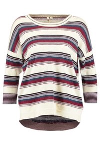 Striped sweater with a scoop neckline, three-quarter sleeves, made of a soft material, featuring maroon, navy, and cream horizontal stripes.