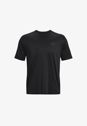 Schwarzes kurzärmliges Sportshirt aus glattem, atmungsaktivem Stoff; verfügt über ein dezentes Logo im linken Brustbereich.