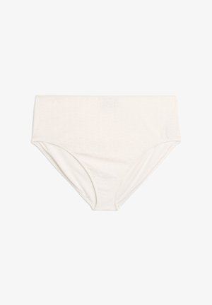 White high-waisted women's underwear with a seamless design and a textured fabric pattern, laid flat on a white background.