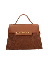 Borsa marrone realizzata in pelle testurizzata e tessuto, con logo dorato, forma strutturata e manico superiore. Elegante motivo sul tessuto.