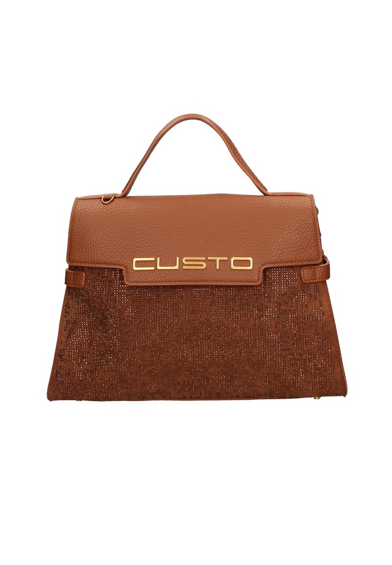 Borsa marrone realizzata in pelle testurizzata e tessuto, con logo dorato, forma strutturata e manico superiore. Elegante motivo sul tessuto.