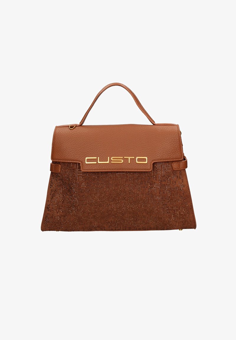 Borsa marrone realizzata in pelle testurizzata e tessuto, con logo dorato, forma strutturata e manico superiore. Elegante motivo sul tessuto.