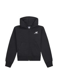 Felpa nera con zip realizzata in un tessuto morbido, dotata di un ampio cappuccio, tasche frontali, polsini a coste e un piccolo logo bianco "New Balance".