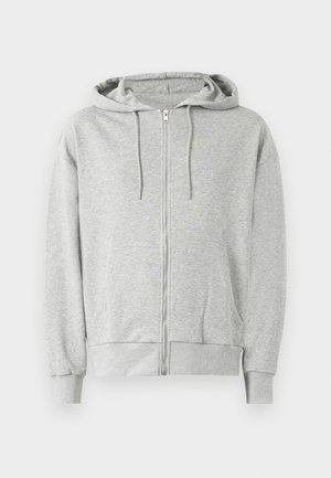 Siva zip-up kapuca z zateznim vrvico, kengurujskimi žepe, rebrastimi manšeti in mehkimi heather vzorci. Prijeten in udoben dizajn.