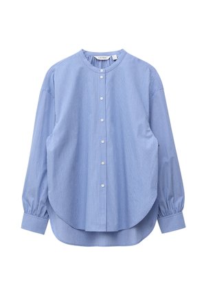Blue long-sleeve shirt with small check pattern, round neckline, button-down front, and gathered cuffs.