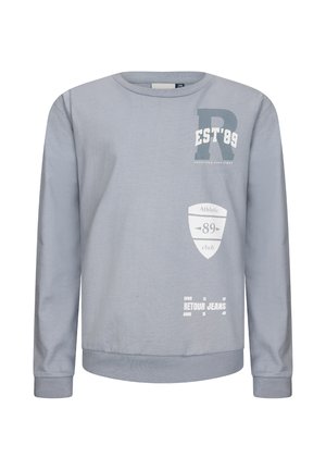 Hellgraues Sweatshirt mit langen Ärmeln und Rundhalsausschnitt, verziert mit weißem gedrucktem Text und Grafiken, darunter "EST '89", "Athletic 89 club" und "Retour Jeans."