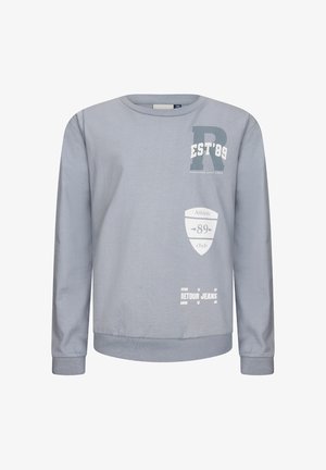 Jasnoszara bluza z długim rękawem i okrągłym dekoltem, z białym nadrukiem tekstu i grafik, w tym "EST '89", "Athletic 89 club" oraz "Retour Jeans."