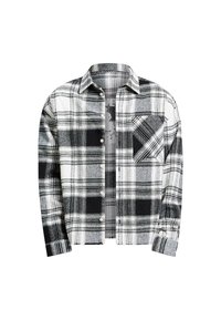 Chemise en flanelle à carreaux noir et blanc avec manches longues, fermeture à boutons sur le devant, et une seule poche poitrine ; présente des textures et motifs de tissus contrastants.