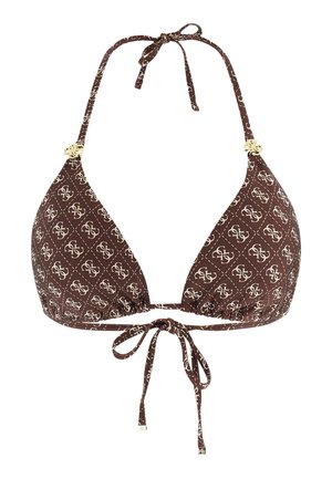 Bruin driehoekig bikinitopje met wit monogrampatroon, gestrikt aan nek en rug, met gouden decoratieve accenten nabij de bandjes.