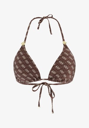 Top de bikini triangular marrón con estampado de monograma blanco, atado al cuello y la espalda, con detalles decorativos dorados cerca de las tiras.