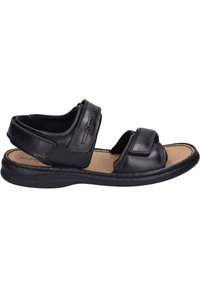 Infradito in pelle nera con due cinghie regolabili, soletta imbottita e suola in gomma testurizzata. Presenta dettagli cuciti lungo il bordo.