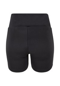 Fekete nadrág, sima, elasztikus anyagból; magas derék; testhezálló kialakítás; nincs látható minta vagy fém kiegészítő.