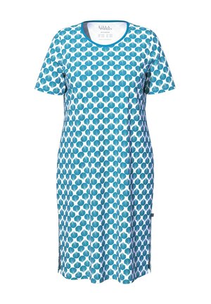 Kortebeeldjurk met een lichtblauw en wit schelp patroon, gemaakt van een zachte stof met een ronde halslijn en zijsplitten.