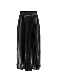 Falda midi plisada negra con textura brillante y cintura elástica, que presenta pliegues verticales uniformemente espaciados y un acabado suave.