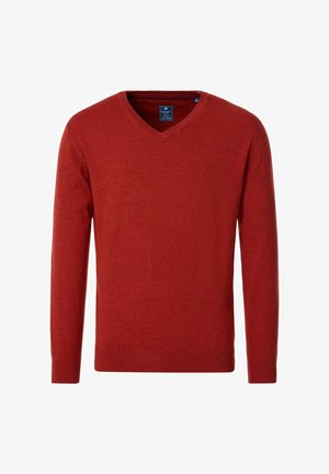 Rode v-hals trui van een zachte, gestructureerde brei-stof, met lange mouwen en een geribbelde zoom. Label zichtbaar binnenin de halslijn.