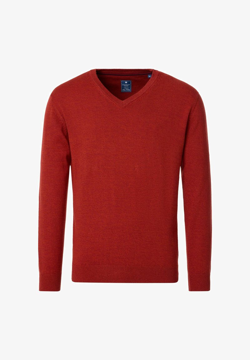 Rode v-hals trui van een zachte, gestructureerde brei-stof, met lange mouwen en een geribbelde zoom. Label zichtbaar binnenin de halslijn.