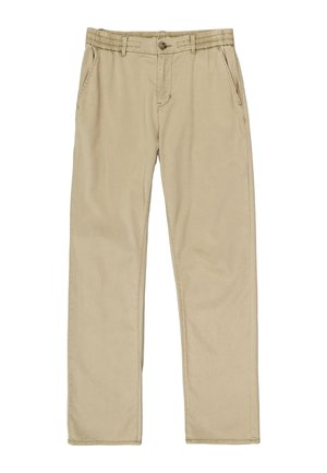 Pantalon en coton beige léger avec une taille élastique, des poches latérales, une braguette à boutons et une coupe droite. Texture lisse.