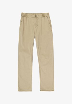 Pantalon en coton beige léger avec une taille élastique, des poches latérales, une braguette à boutons et une coupe droite. Texture lisse.