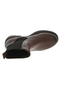Bottine en cuir marron avec une finition lisse, panneaux latéraux en élastique et une languette à l'arrière ; semelle en caoutchouc pour une meilleure adhérence.