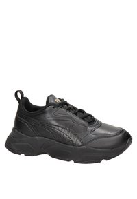 Black sneakers with a textured leather upper, lace closure, padded collar, and thick rubber sole. Features subtle branding in gold.