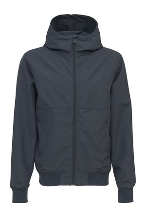 Dunkelgraue Kapuzenjacke mit einem Frontreißverschluss, elastischen Bündchen und einer glatten Textur. Verfügt über Seitentaschen und ein minimalistisches Design.