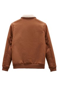 Brown bomber jacket featuring a soft, faux-fur collar, ribbed cuffs, and hem. Smooth texture with a slightly glossy finish.